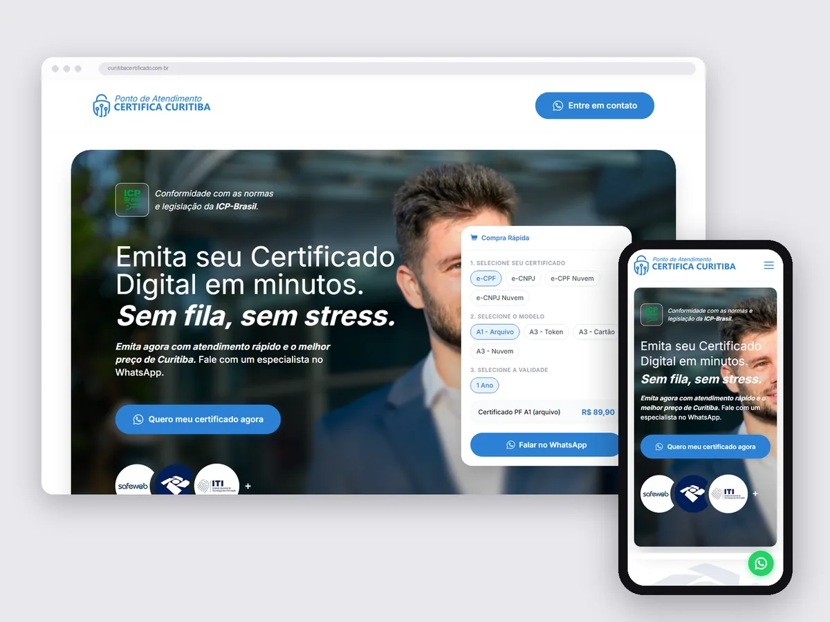 Landing page CertificaCuritiba no computador e no celular