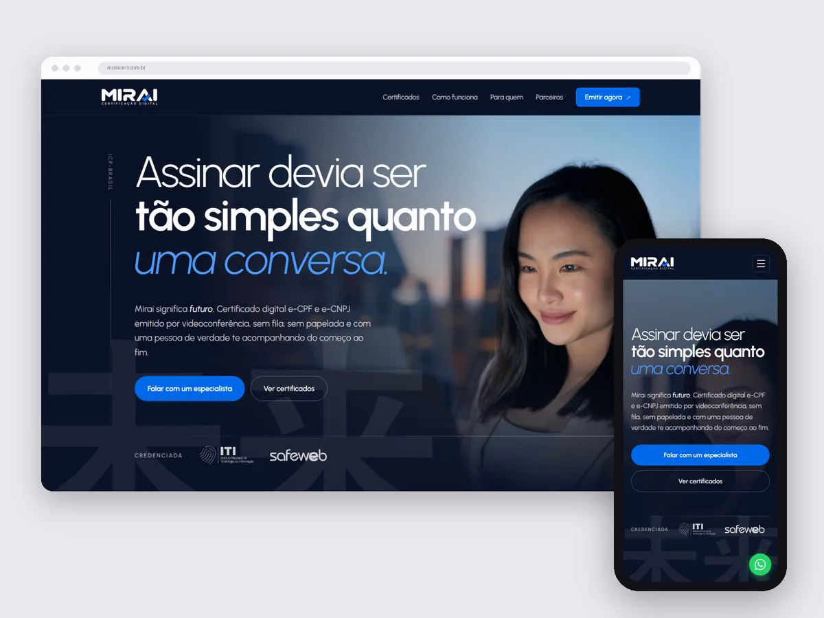 Landing page Mirai no computador e no celular